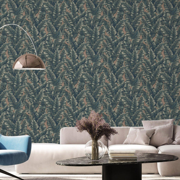 Luxury Blue Leaves Tropical Wallpaper, Coastal Non-Woven Wall Covering, 41.7"W x 614"H, Washable Removable for Living Room Be