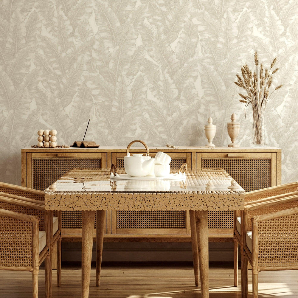 Luxury Cream Leaves Tropical Wallpaper, Contemporary Non-Woven Wall Covering, 41.7"W x 614"H, Washable Removable for Living R