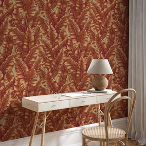 Luxury Orange Leaves Tropical Wallpaper, Traditional Non-Woven Wall Covering, 41.7"W x 614"H, Washable Removable for Living R