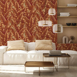 Luxury Orange Leaves Tropical Wallpaper, Traditional Non-Woven Wall Covering, 41.7"W x 614"H, Washable Removable for Living R