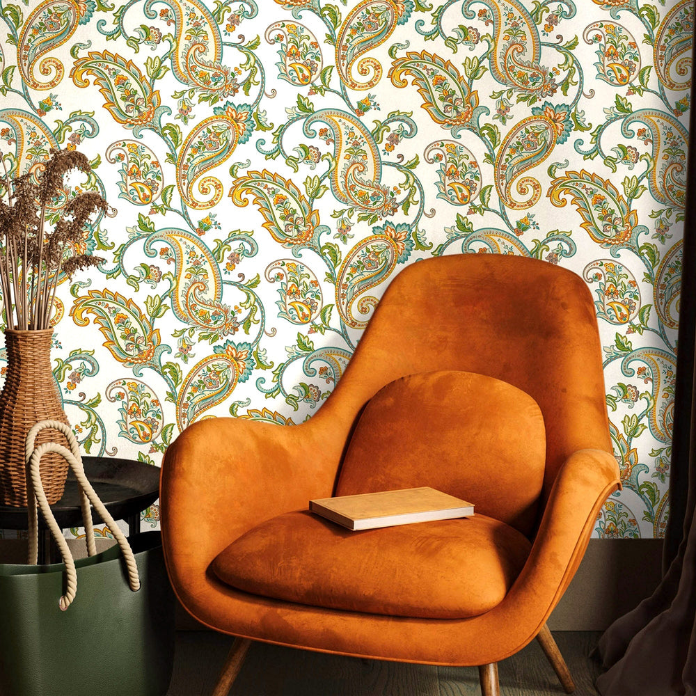 Luxury Green Paisley Textured Wallpaper, Country Non-Woven Wall Covering, 41.7"W x 614"H, Washable Removable for Living Room 