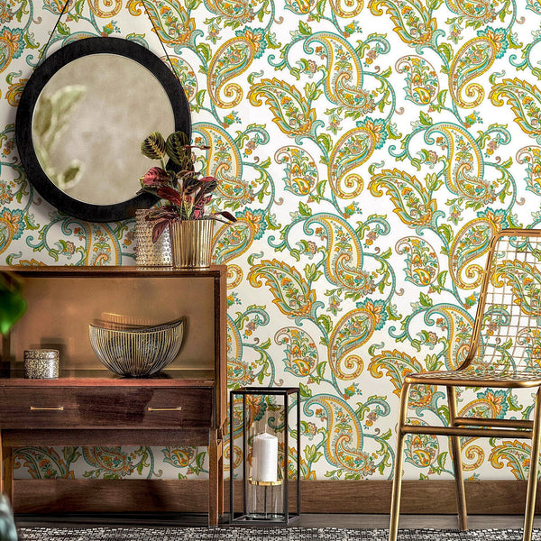 Luxury Green Paisley Textured Wallpaper, Country Non-Woven Wall Covering, 41.7"W x 614"H, Washable Removable for Living Room 