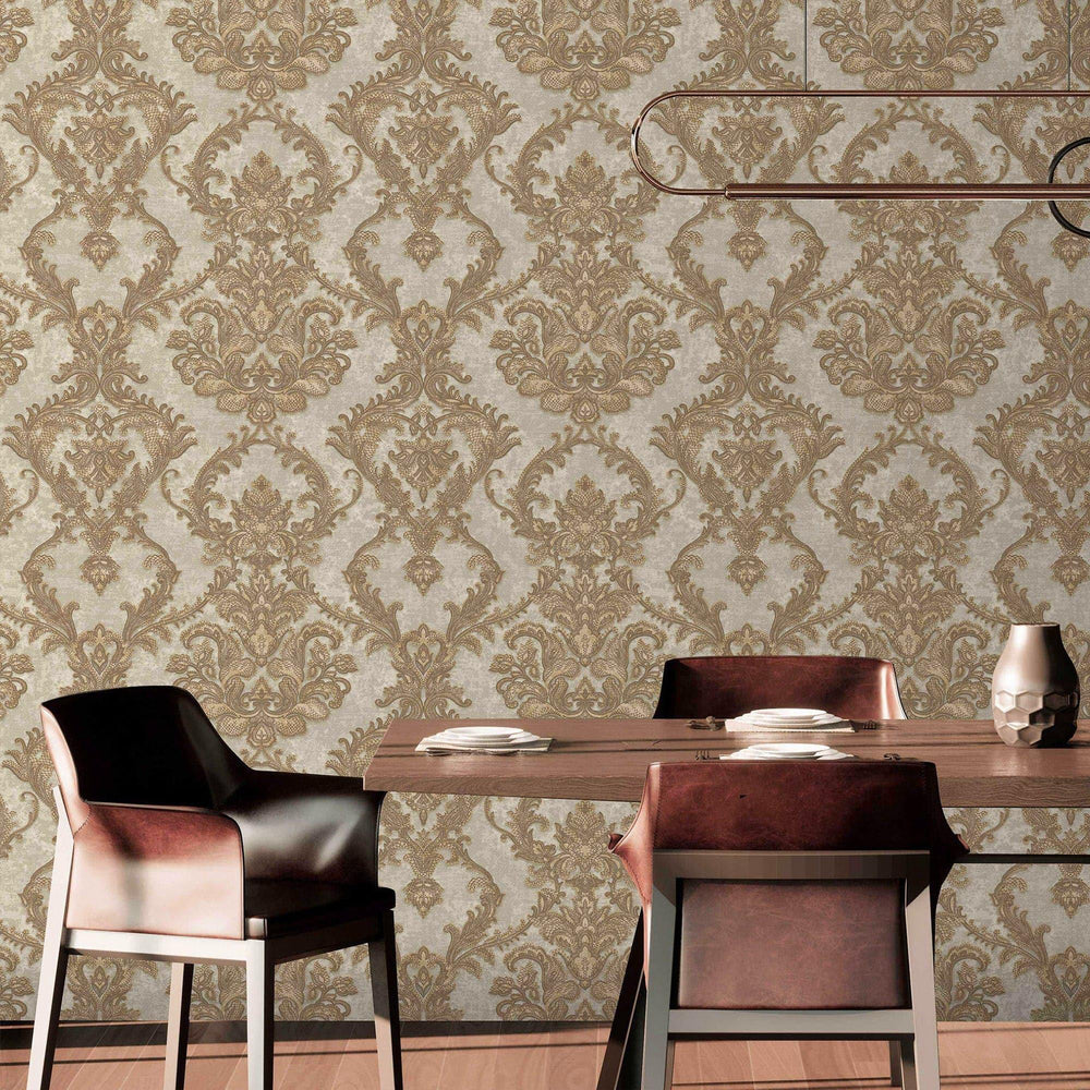 Luxury Beige Damask Textured Wallpaper, Victorian Non-Woven Wall Covering, 41.7"W x 398"H, Washable Removable for Living Room