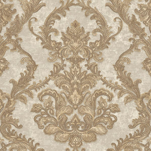 Luxury Beige Damask Textured Wallpaper, Victorian Non-Woven Wall Covering, 41.7"W x 398"H, Washable Removable for Living Room