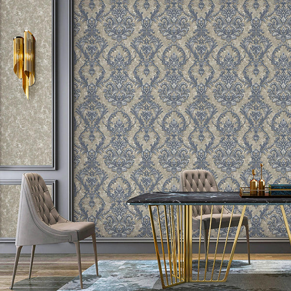 Luxury Blue Damask Textured Wallpaper, Victorian Non-Woven Wall Covering, 41.7"W x 398"H, Washable Removable for Living Room 