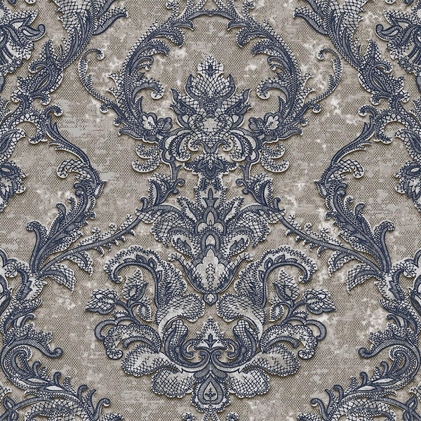 Luxury Blue Damask Textured Wallpaper, Victorian Non-Woven Wall Covering, 41.7"W x 398"H, Washable Removable for Living Room 