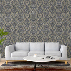 Luxury Blue Damask Textured Wallpaper, Victorian Non-Woven Wall Covering, 41.7"W x 398"H, Washable Removable for Living Room 