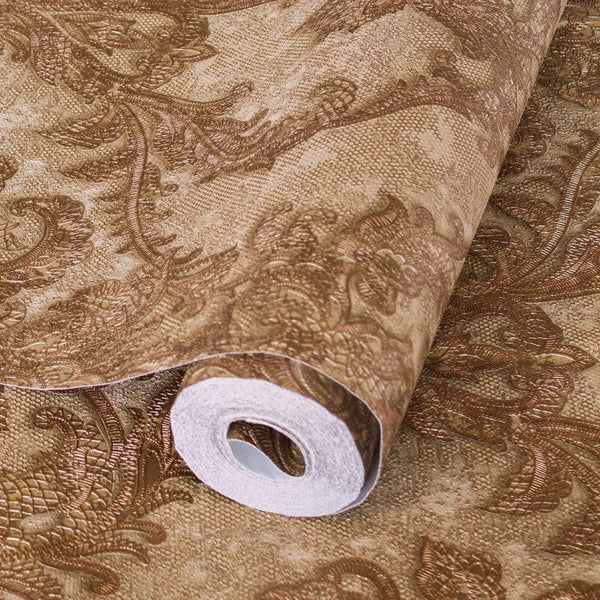 Luxury Brown Damask Textured Wallpaper, Boho Non-Woven Wall Covering, 41.7"W x 398"H, Washable Removable for Living Room Bedr