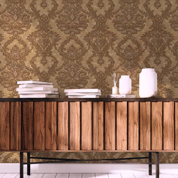 Luxury Brown Damask Textured Wallpaper, Boho Non-Woven Wall Covering, 41.7"W x 398"H, Washable Removable for Living Room Bedr