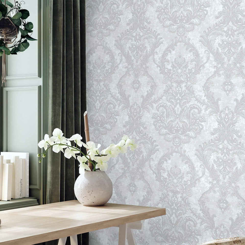 Luxury Silver Damask Textured Wallpaper, Boho Non-Woven Wall Covering, 41.7"W x 398"H, Washable Removable for Living Room Bed