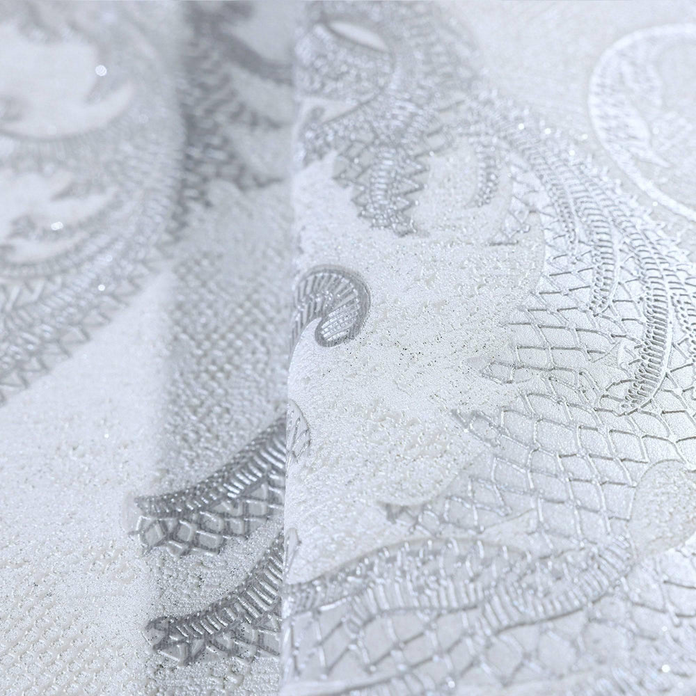 Luxury Silver Damask Textured Wallpaper, Boho Non-Woven Wall Covering, 41.7"W x 398"H, Washable Removable for Living Room Bed