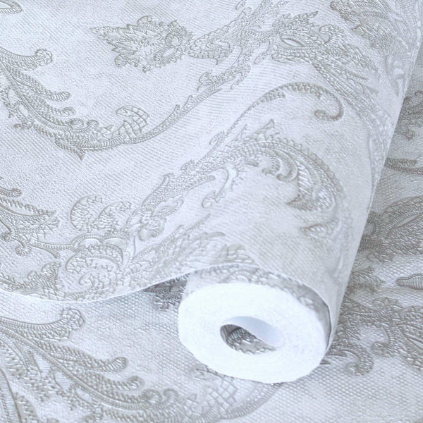 Luxury Silver Damask Textured Wallpaper, Boho Non-Woven Wall Covering, 41.7"W x 398"H, Washable Removable for Living Room Bed