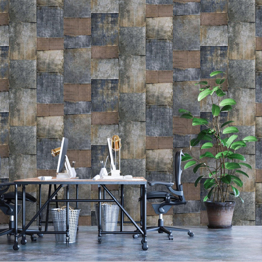 Luxury Blue Geometric Metallic Textured Wallpaper, Industrial Non-Woven Wall Covering, 41.7"W x 398"H, Washable Removable for