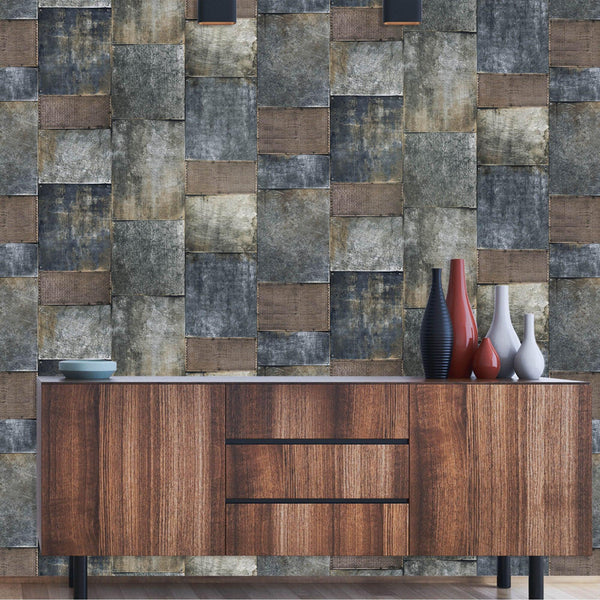 Luxury Blue Geometric Metallic Textured Wallpaper, Industrial Non-Woven Wall Covering, 41.7"W x 398"H, Washable Removable for