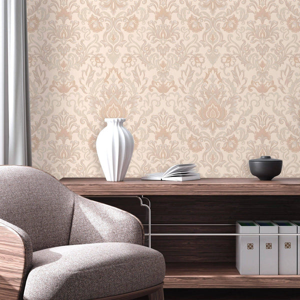 Luxury Beige Damask Textured Wallpaper, Modern Non-Woven Wall Covering, 41.7"W x 614"H, Washable Removable for Living Room Be