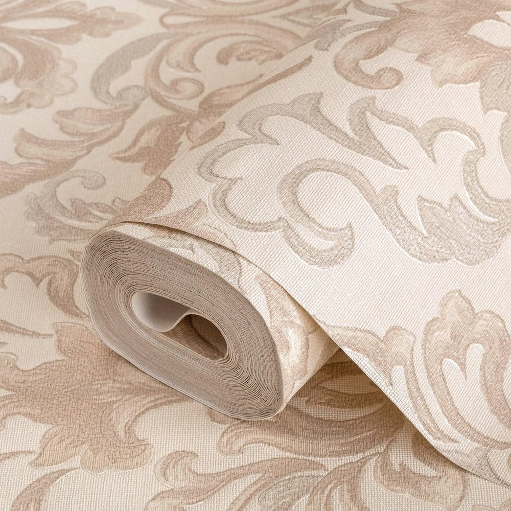 Luxury Beige Damask Textured Wallpaper, Modern Non-Woven Wall Covering, 41.7"W x 614"H, Washable Removable for Living Room Be