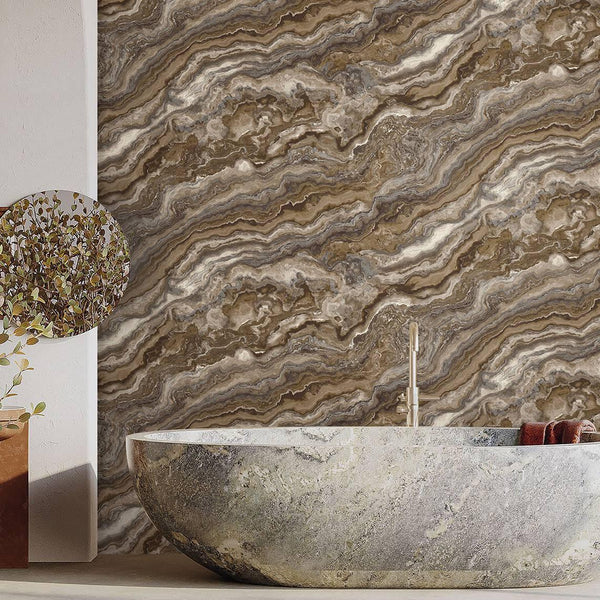 Luxury Brown Marble Textured Wallpaper, Contemporary Non-Woven Wall Covering, 41.7"W x 614"H, Washable Removable for Living R