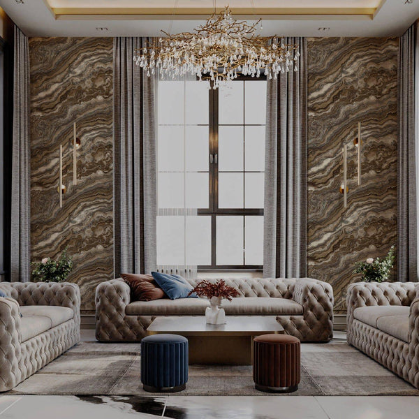 Luxury Brown Marble Textured Wallpaper, Contemporary Non-Woven Wall Covering, 41.7"W x 614"H, Washable Removable for Living R