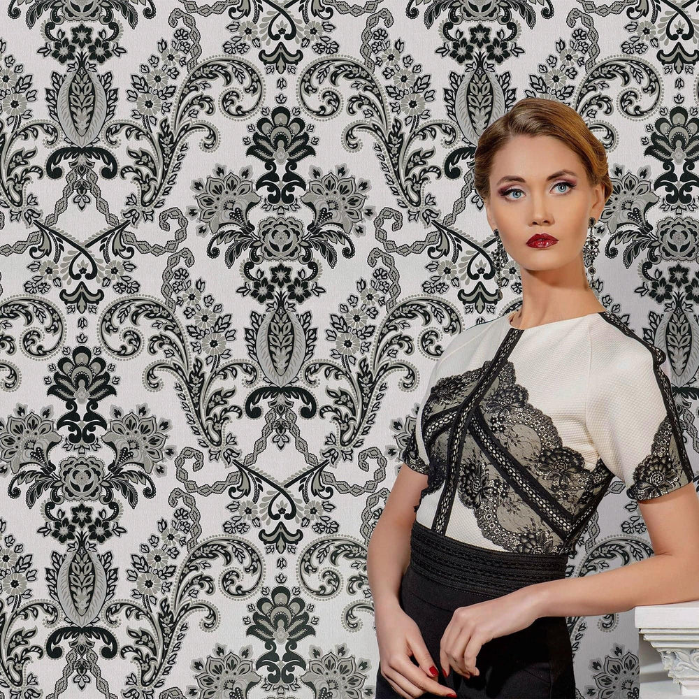 Luxury Black Damask Textured 3D Embossed Wallpaper, Modern Non-Woven Wall Covering, 41.7"W x 398"H, Washable Removable for Li