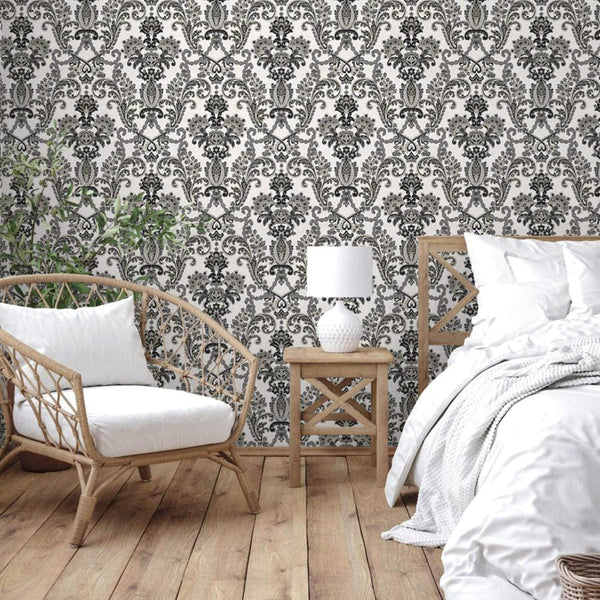 Luxury Black Damask Textured 3D Embossed Wallpaper, Modern Non-Woven Wall Covering, 41.7"W x 398"H, Washable Removable for Li