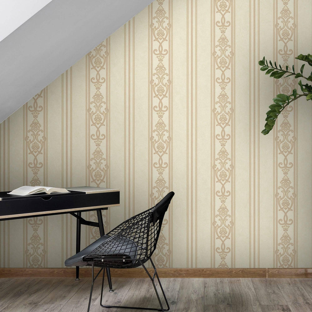 Luxury Beige Striped Stripe 3D Embossed Wallpaper, Traditional Non-Woven Wall Covering, 41.7"W x 398"H, Washable Removable fo