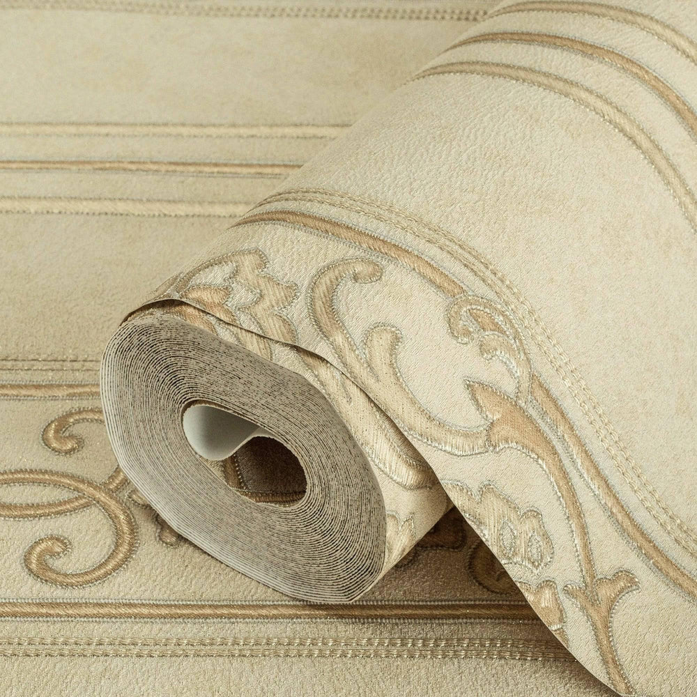 Luxury Beige Striped Stripe 3D Embossed Wallpaper, Traditional Non-Woven Wall Covering, 41.7"W x 398"H, Washable Removable fo
