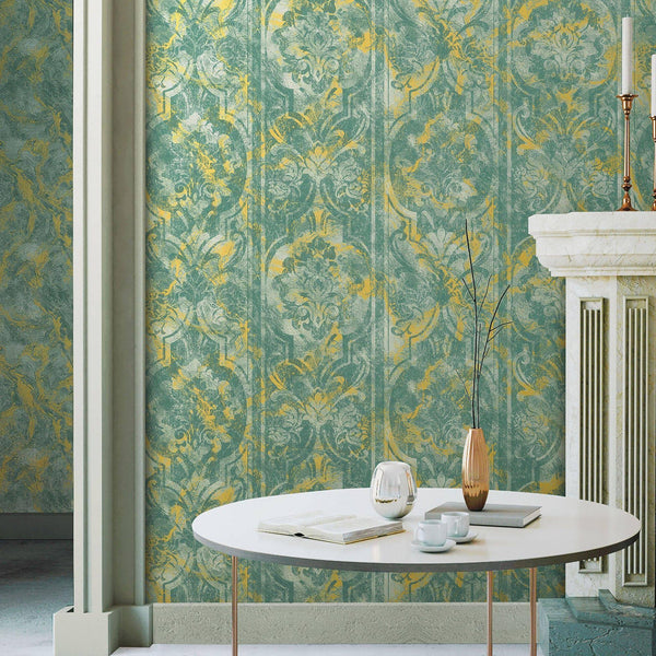 Luxury Gold Damask Abstract Textured Wallpaper, Boho Non-Woven Wall Covering, 41.7"W x 398"H, Washable Removable for Living R