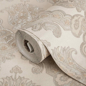 Luxury Beige Damask Textured Wallpaper, Modern Non-Woven Wall Covering, 41.7"W x 614"H, Washable Removable for Living Room Be