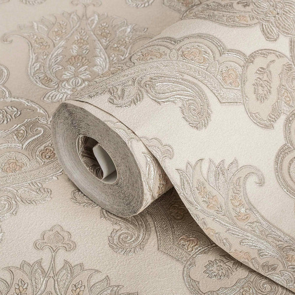 Luxury Beige Damask Textured Wallpaper, Modern Non-Woven Wall Covering, 41.7"W x 614"H, Washable Removable for Living Room Be