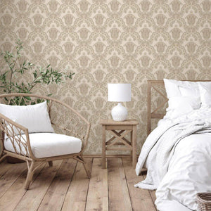 Luxury Beige Damask Textured Wallpaper, Modern Non-Woven Wall Covering, 41.7"W x 614"H, Washable Removable for Living Room Be