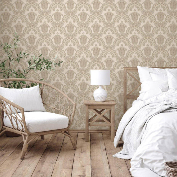 Luxury Beige Damask Textured Wallpaper, Modern Non-Woven Wall Covering, 41.7"W x 614"H, Washable Removable for Living Room Be