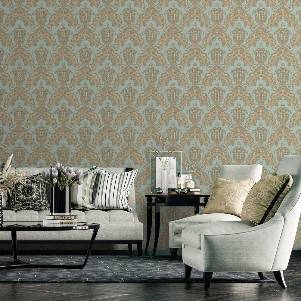 Luxury Blue Damask Textured Wallpaper, Modern Non-Woven Wall Covering, 41.7"W x 614"H, Washable Removable for Living Room Bed