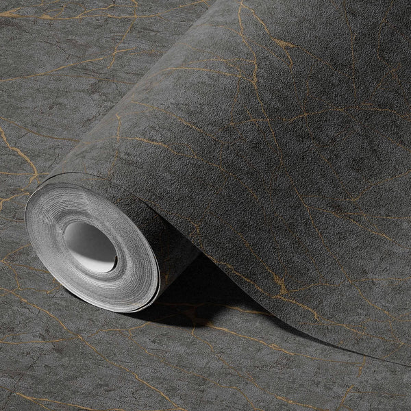 Luxury Black Abstract Marble Textured Wallpaper, Contemporary Non-Woven Wall Covering, 41.7"W x 398"H, Washable Removable for