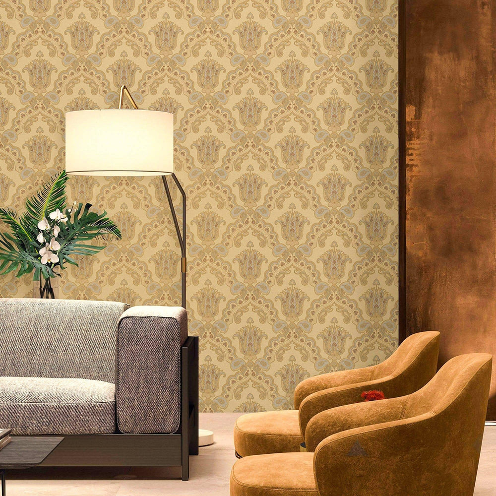 Luxury Gold Damask Textured Wallpaper, Modern Non-Woven Wall Covering, 41.7"W x 614"H, Washable Removable for Living Room Bed