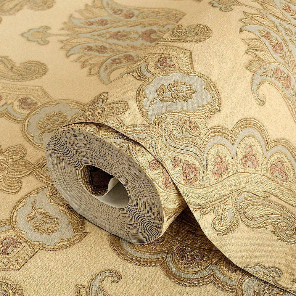 Luxury Gold Damask Textured Wallpaper, Modern Non-Woven Wall Covering, 41.7"W x 614"H, Washable Removable for Living Room Bed