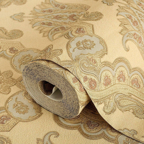 Luxury Gold Damask Textured Wallpaper, Modern Non-Woven Wall Covering, 41.7"W x 614"H, Washable Removable for Living Room Bed