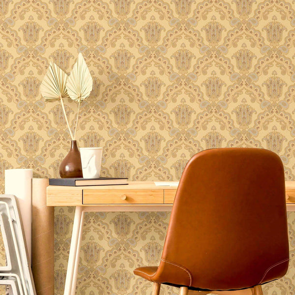 Luxury Gold Damask Textured Wallpaper, Modern Non-Woven Wall Covering, 41.7"W x 614"H, Washable Removable for Living Room Bed