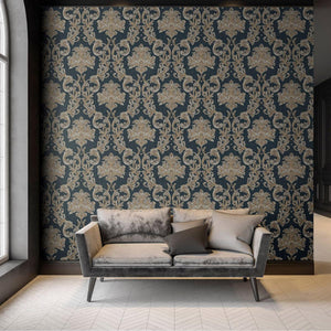 Luxury Blue Damask Floral 3D Embossed Wallpaper, Traditional Non-Woven Wall Covering, 41.7"W x 398"H, Washable Removable for 