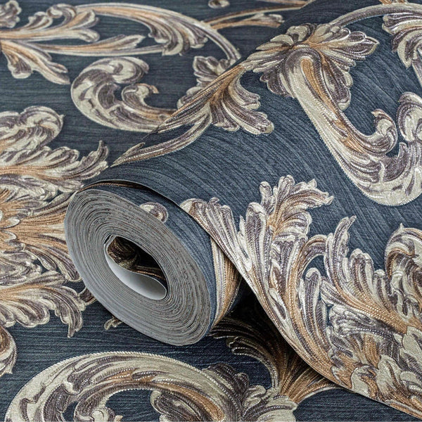 Luxury Blue Damask Floral 3D Embossed Wallpaper, Traditional Non-Woven Wall Covering, 41.7"W x 398"H, Washable Removable for 