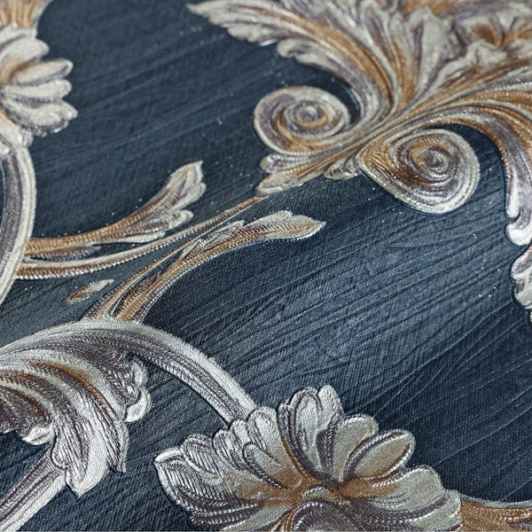 Luxury Blue Damask Floral 3D Embossed Wallpaper, Traditional Non-Woven Wall Covering, 41.7"W x 398"H, Washable Removable for 
