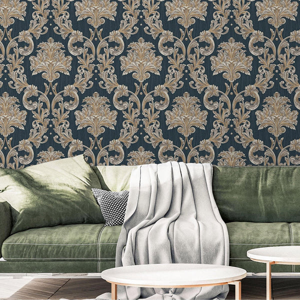 Luxury Blue Damask Floral 3D Embossed Wallpaper, Traditional Non-Woven Wall Covering, 41.7"W x 398"H, Washable Removable for 