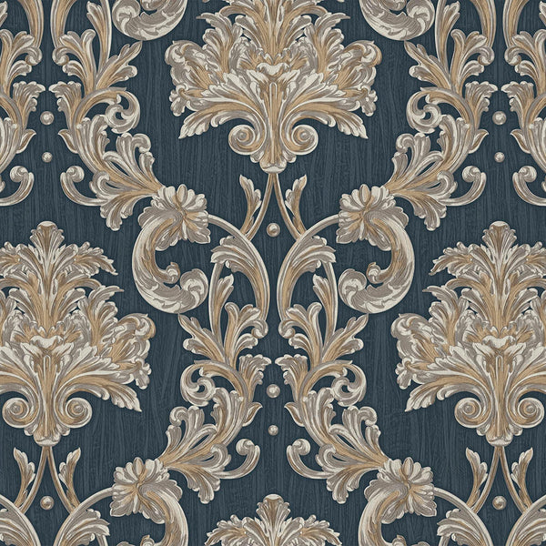 Luxury Blue Damask Floral 3D Embossed Wallpaper, Traditional Non-Woven Wall Covering, 41.7"W x 398"H, Washable Removable for 