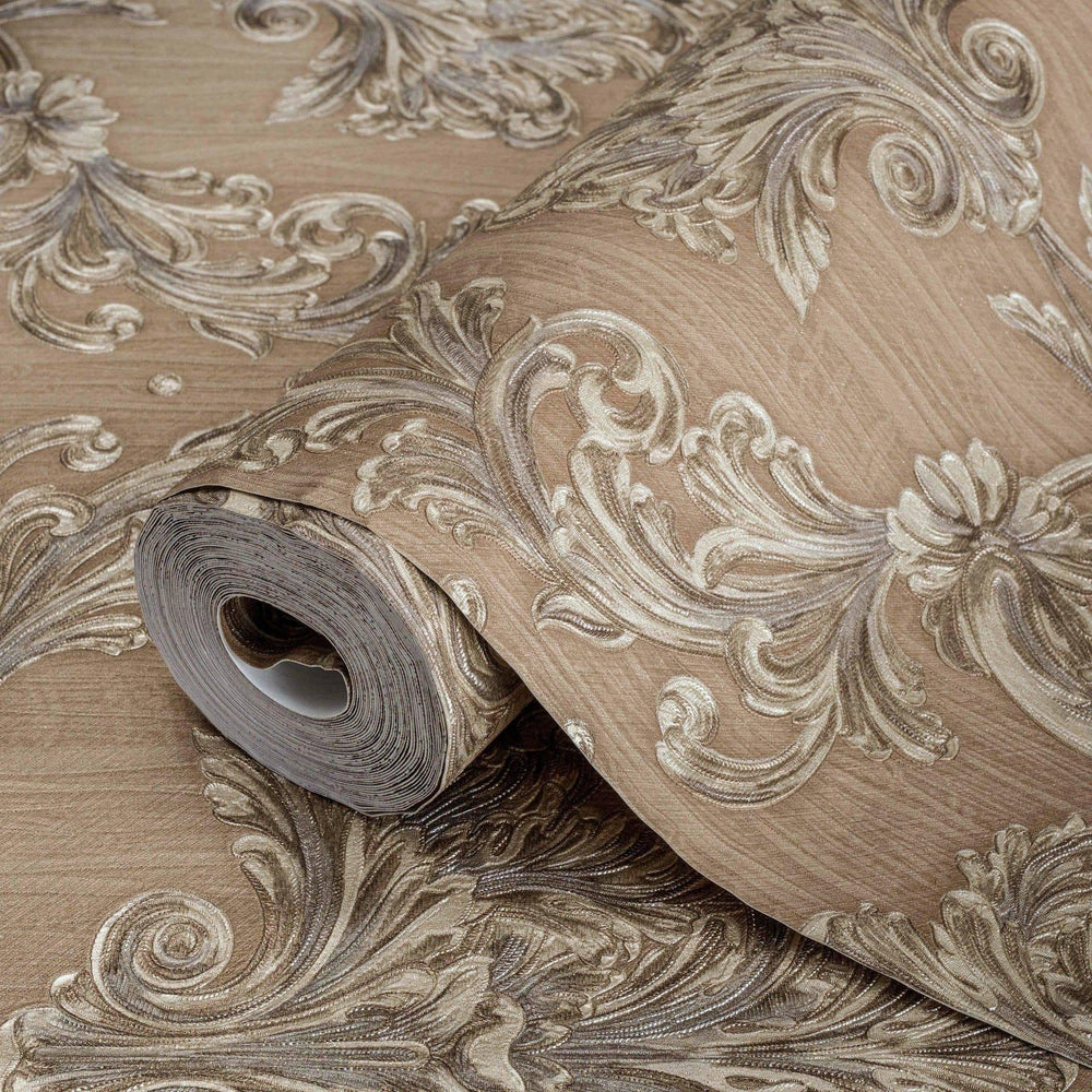 Luxury Brown Damask Floral 3D Embossed Wallpaper, Mediterranean Non-Woven Wall Covering, 41.7"W x 398"H, Washable Removable f