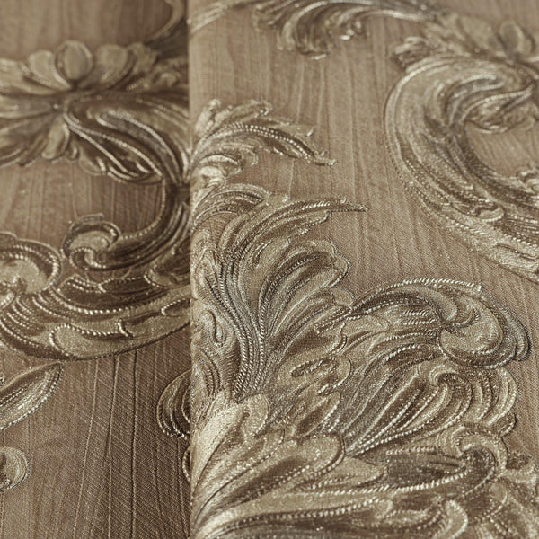 Luxury Brown Damask Floral 3D Embossed Wallpaper, Mediterranean Non-Woven Wall Covering, 41.7"W x 398"H, Washable Removable f