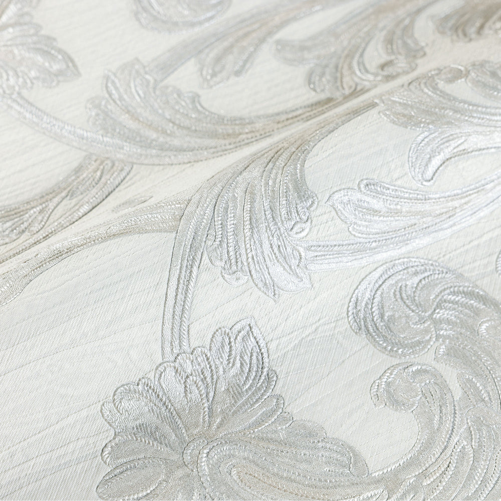 Luxury Silver Damask Floral 3D Embossed Wallpaper, Mediterranean Non-Woven Wall Covering, 41.7"W x 398"H, Washable Removable 