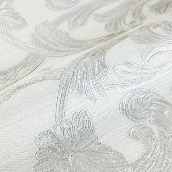 Luxury Silver Damask Floral 3D Embossed Wallpaper, Mediterranean Non-Woven Wall Covering, 41.7"W x 398"H, Washable Removable 