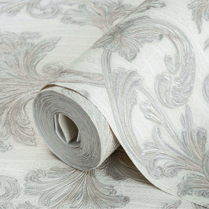 Luxury Silver Damask Floral 3D Embossed Wallpaper, Mediterranean Non-Woven Wall Covering, 41.7"W x 398"H, Washable Removable 