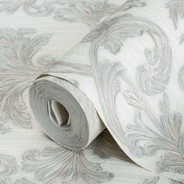 Luxury Silver Damask Floral 3D Embossed Wallpaper, Mediterranean Non-Woven Wall Covering, 41.7"W x 398"H, Washable Removable 