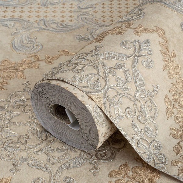 Luxury Gold Damask Textured 3D Embossed Wallpaper, Glam Non-Woven Wall Covering, 41.7"W x 398"H, Washable Removable for Livin
