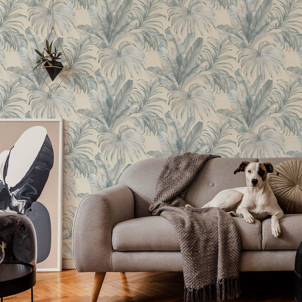 Luxury Blue Leaves Textured Wallpaper, Boho Non-Woven Wall Covering, 41.7"W x 398"H, Washable Removable for Living Room Bedro